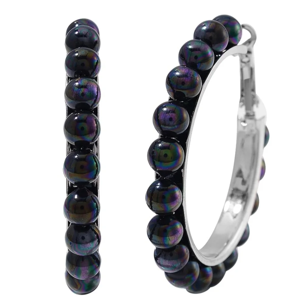 Peacock Color Shell Pearl Hoop Earrings in Stainless Steel - Picture 3 of 6